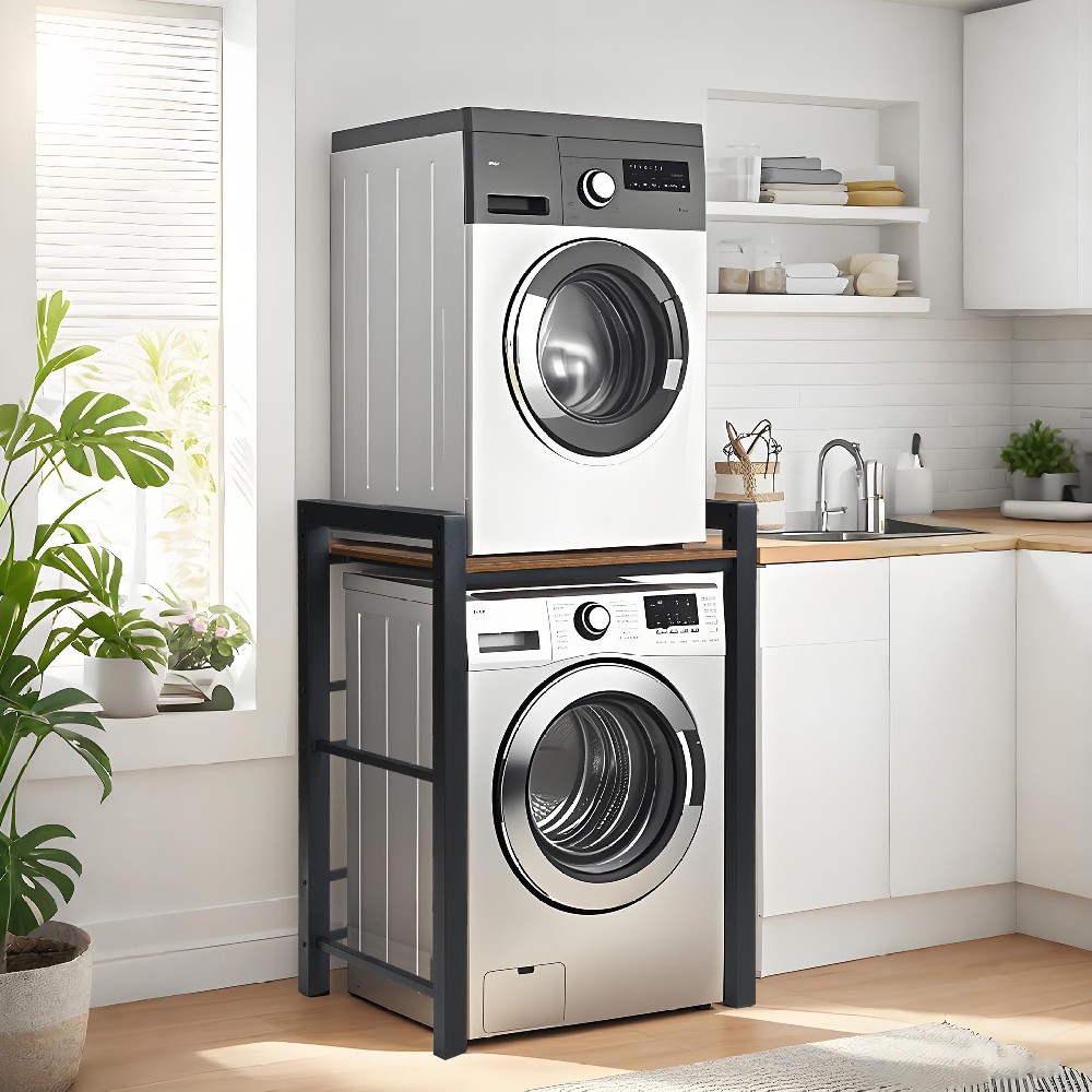 HavenGlide Waschmaschinenregal überbau - Waschmaschinenschrank mit Trockner, Regal über Waschmaschine 3 Höhenverstellbar, Tragfähigkeit 300 kg, Lagerregal Schrank für Badezimmer Balkon Waschküche (Schwarz)